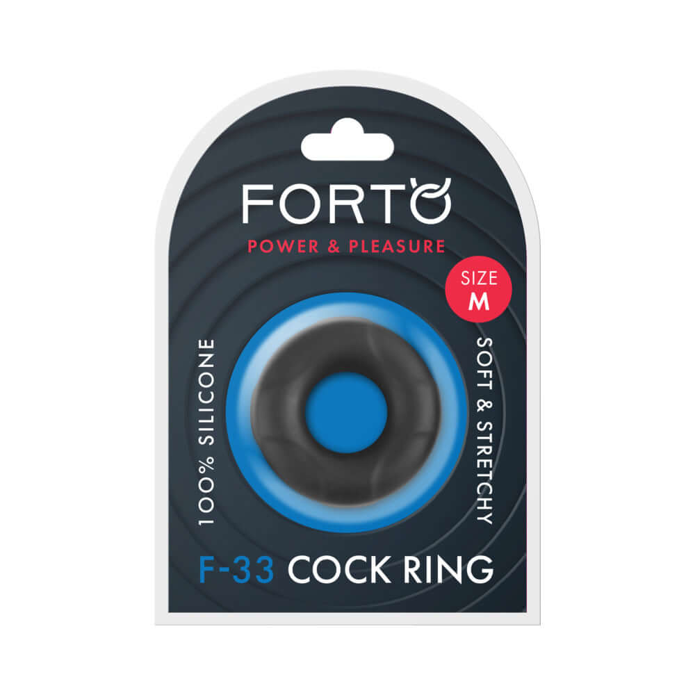 Forto F-33 Liquid Silicone Cockring Medium Black packaging showing soft and stretchy design for enhanced pleasure.