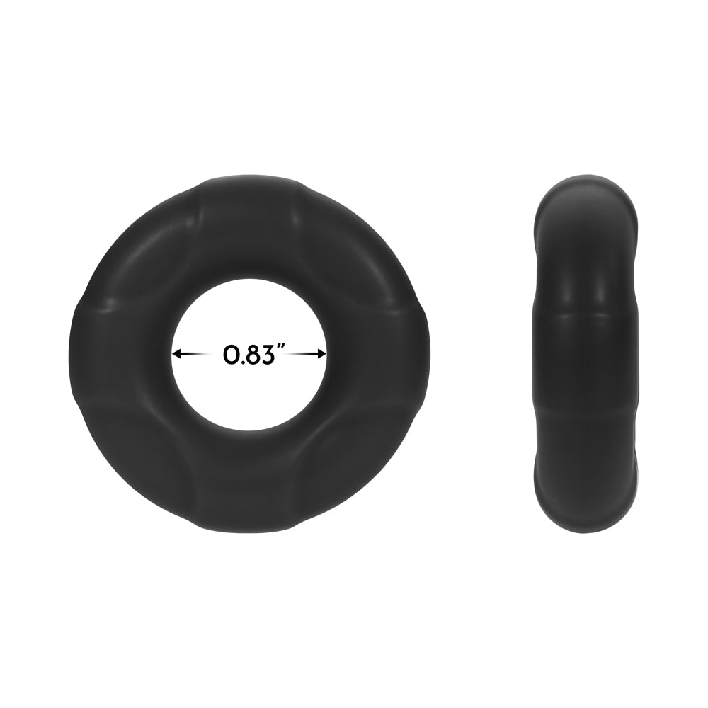 Forto F-33 Liquid Silicone Cockring Medium Black with 0.83-inch internal diameter and flexible design.