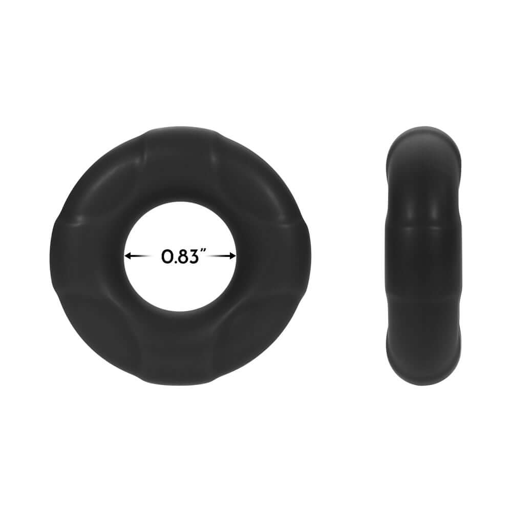 Forto F-33 Liquid Silicone Cockring Medium Black with 0.83-inch internal diameter and flexible design.