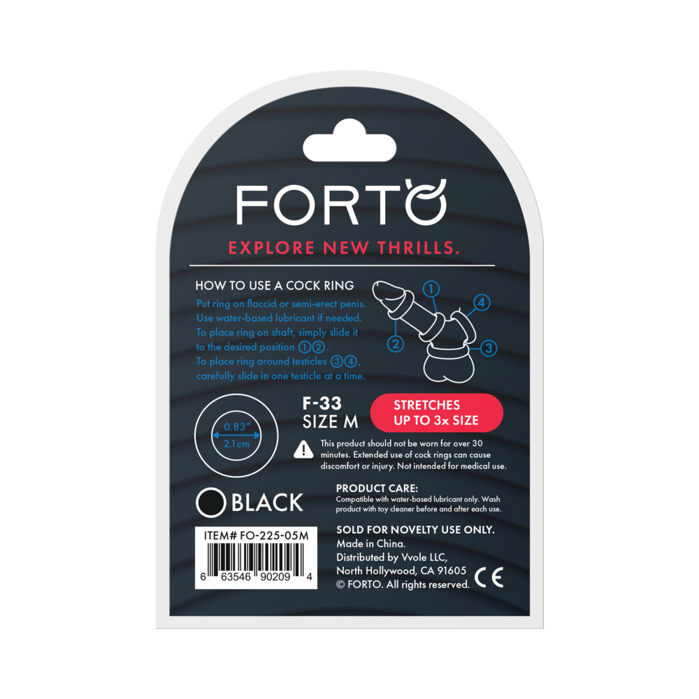 Forto F-33 Liquid Silicone Cockring Medium Black packaging with usage instructions and product details.