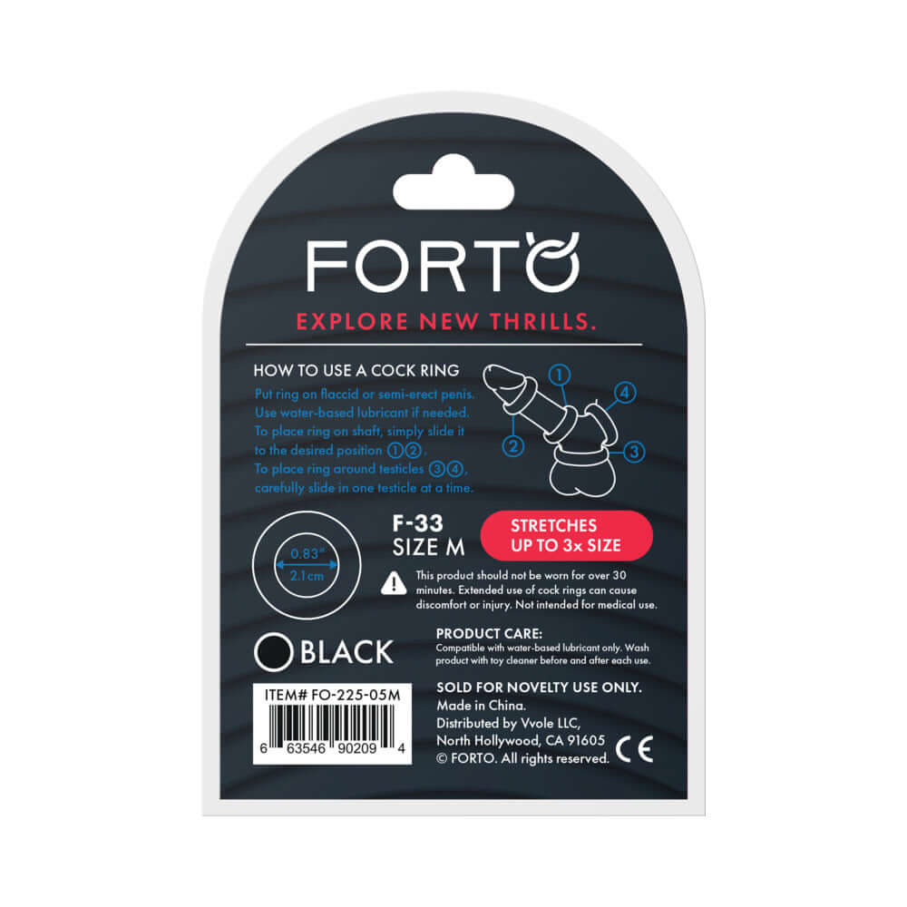 Forto F-33 Liquid Silicone Cockring Medium Black packaging with usage instructions and product details.