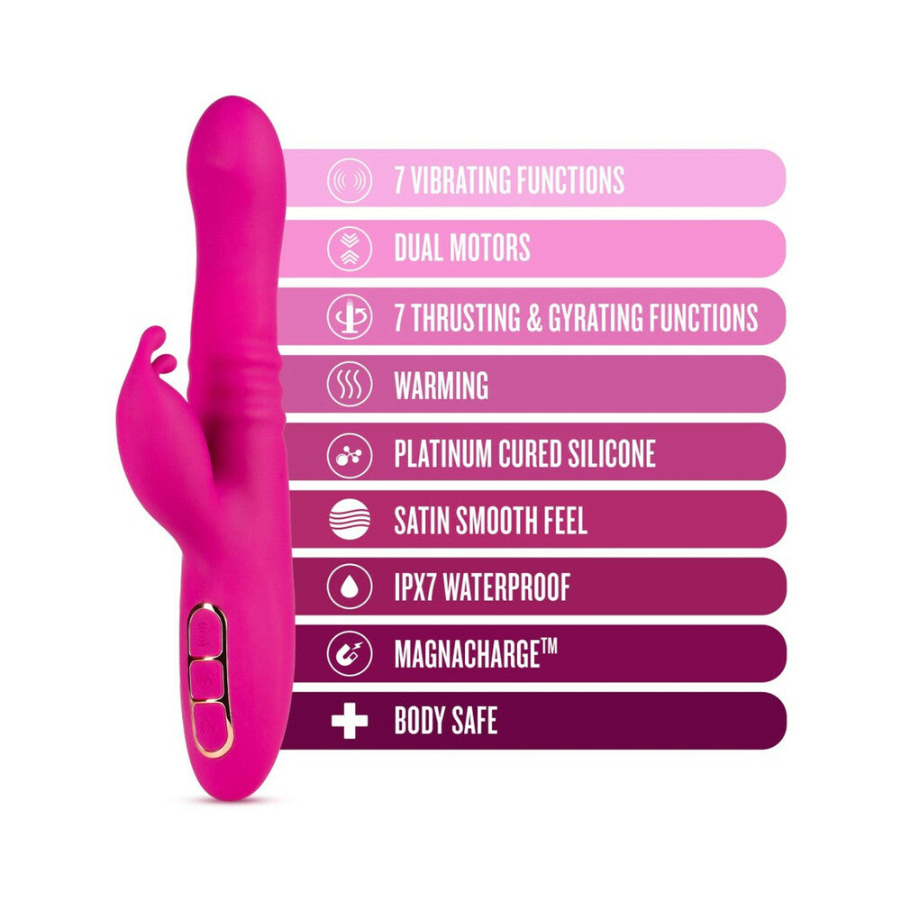 Blush Lush Kira Silicone Thrusting Rabbit Vibrator Velvet features 7 vibrating functions and dual motors for enhanced pleasure.