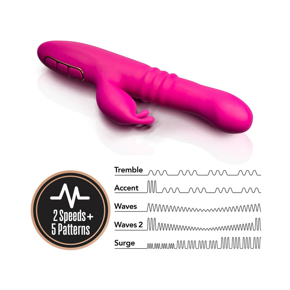 Blush Lush Kira Silicone Thrusting Rabbit Vibrator Velvet in vibrant pink with controls and vibration patterns.