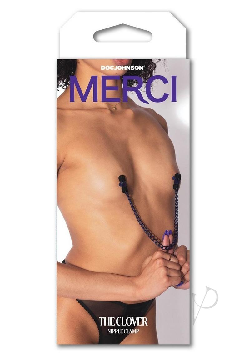 Merci Chained Up Nipple Clamps Purple in a stylish package showcasing adjustable clamps for intimate play.