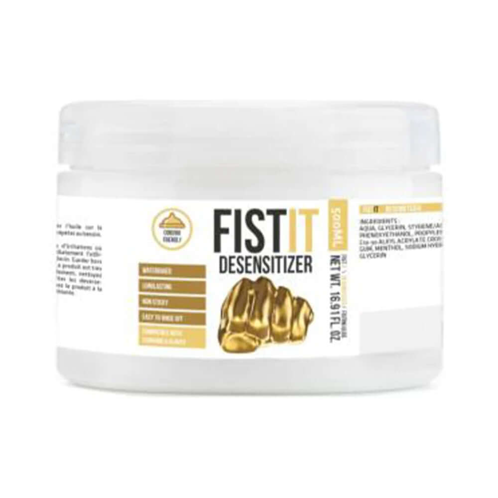 Fist It Desensitizer Water-Based Numbing Lubricant 16.9 Oz in a clear container, designed for comfort and reduced sensitivity.