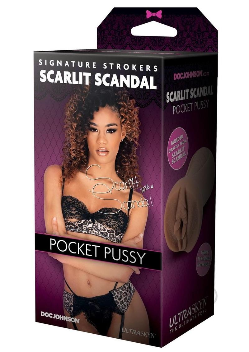 Signature Strokers Scarlit Scandal Pocket Pussy Caramel product packaging featuring Scarlit Scandal in lingerie.