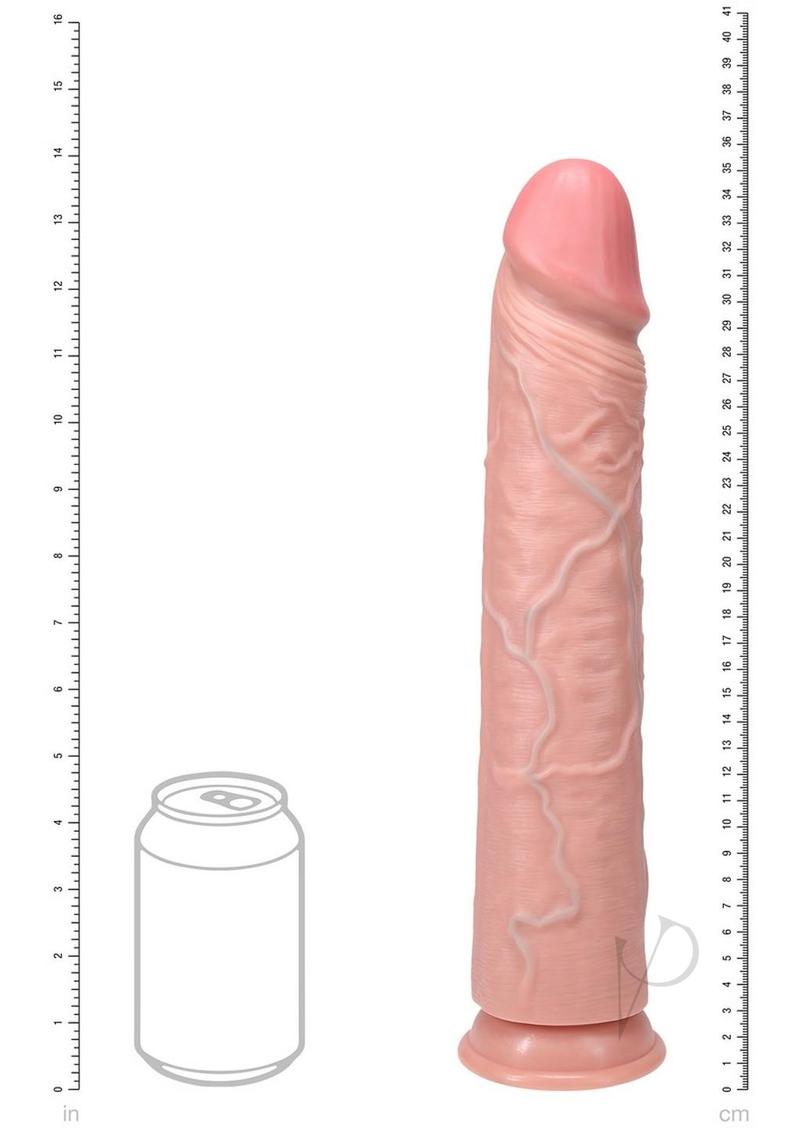 RealRock 14 Inch Straight Dildo Suction Cup Vanilla displayed beside a can for size reference.