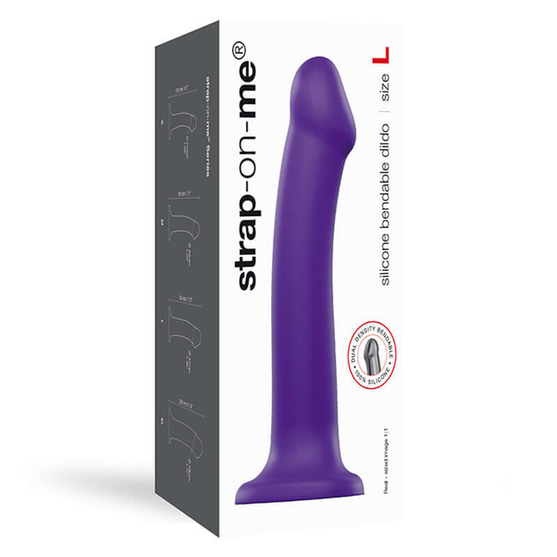 Strap-on-me Bendable Silicone Suction Cup Dildo Purple L packaging showcasing its design and features.