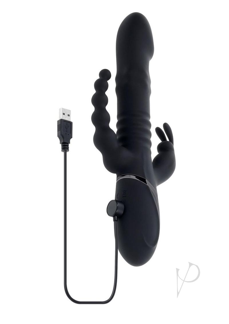 Playboy Big Bunny Energy Triple Rabbit Vibrator Black with USB charging cable and unique triple-shaft design.