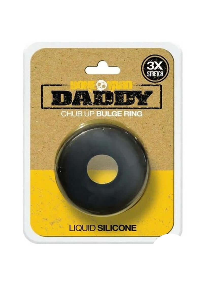 Bonyard The Daddy Silicone Cock Ring Black packaging featuring a chub up bulge ring made of liquid silicone.