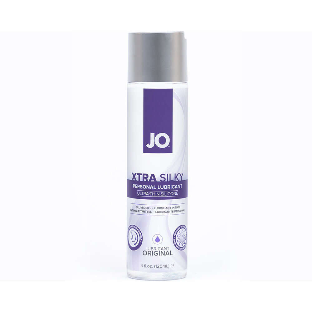 JO Xtra Silky Silicone Lubricant 4 Oz bottle with sleek design and moisturizing properties.