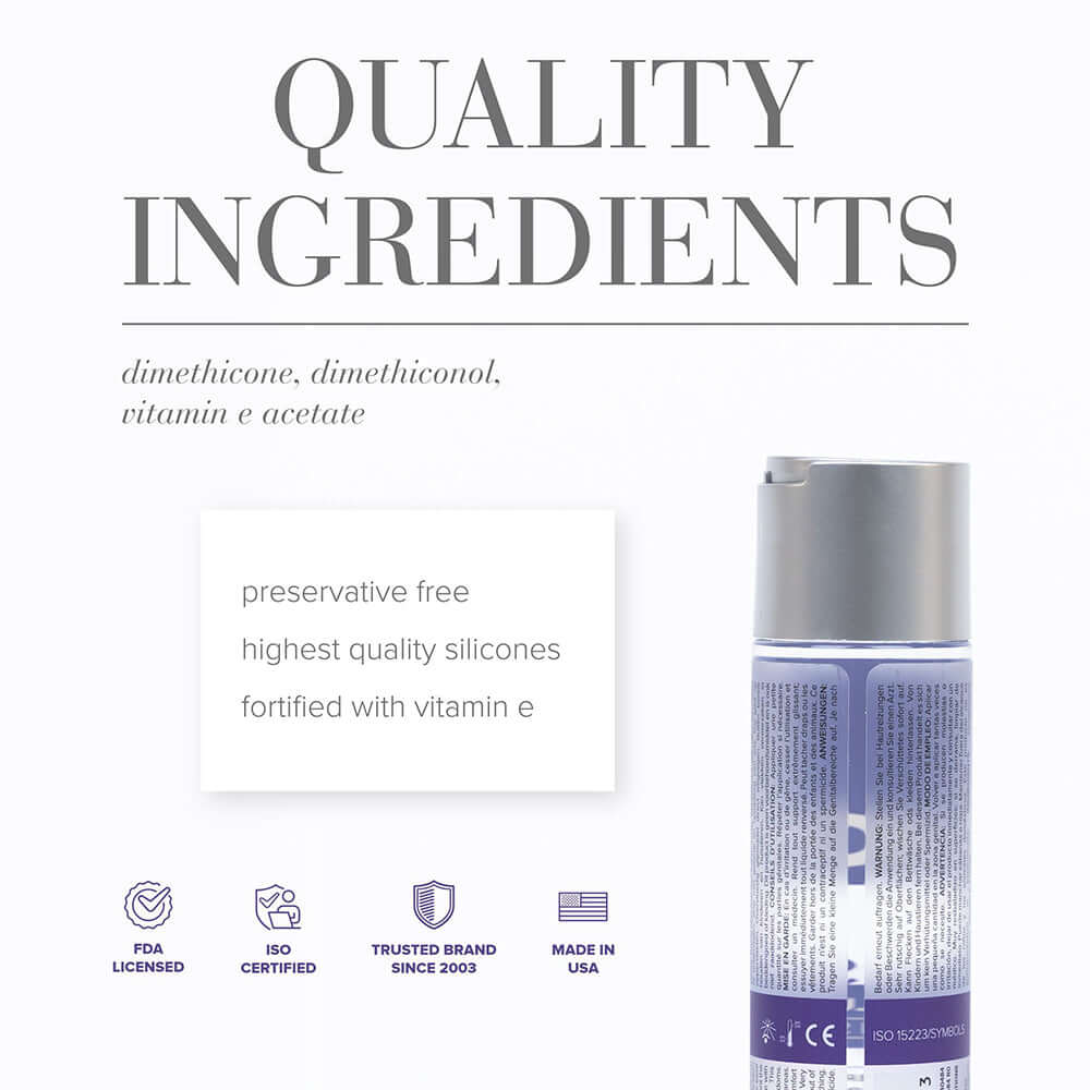 Quality ingredients for JO Xtra Silky Silicone Lubricant 4 Oz including dimethicone and vitamin E.