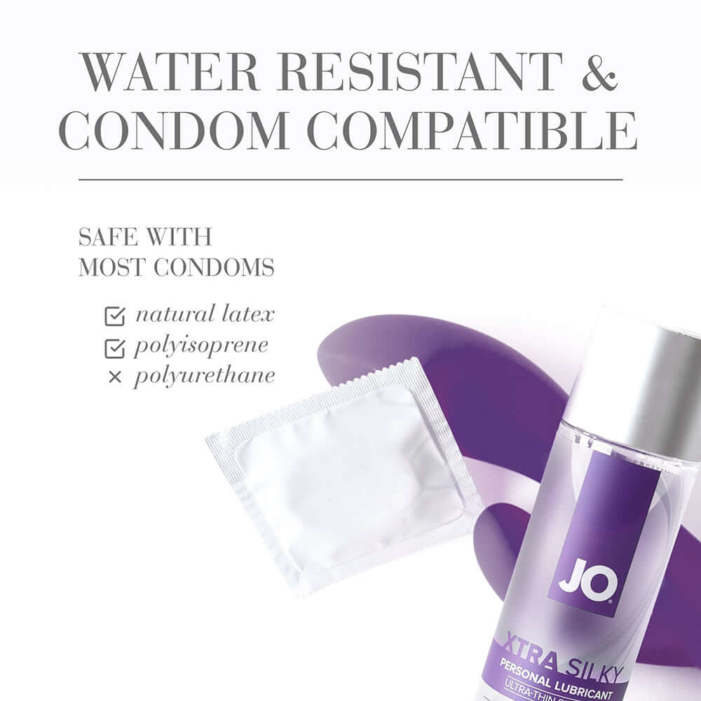 JO Xtra Silky Silicone Lubricant 4 Oz with condom compatibility and water resistance features.
