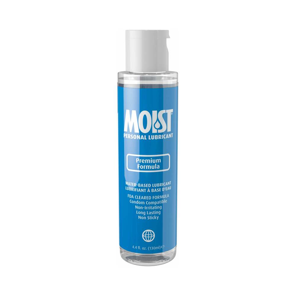 Moist Personal Lubricant Premium Formula 4.4 Oz bottle, water-based, non-sticky, FDA-cleared, long-lasting lubricant.