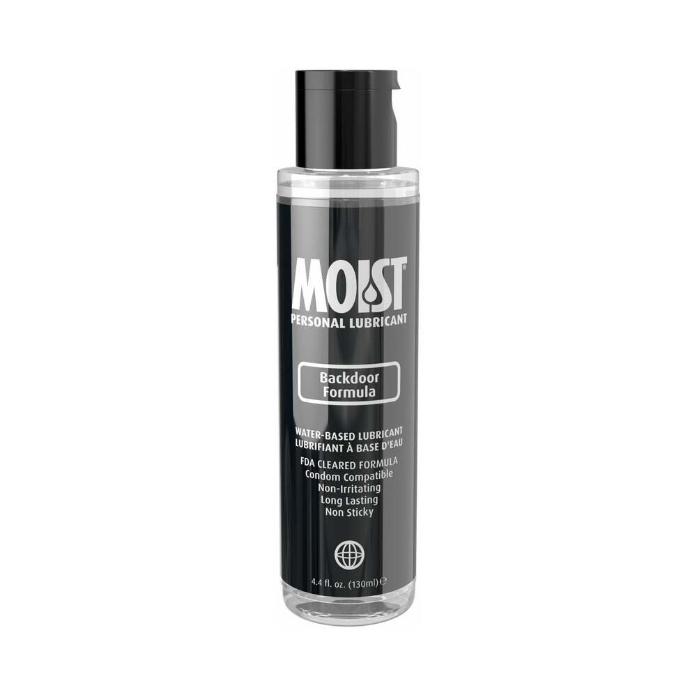 Moist Personal Lubricant Backdoor Formula 4.4 Oz bottle, water-based, long-lasting, and non-sticky lubricant.