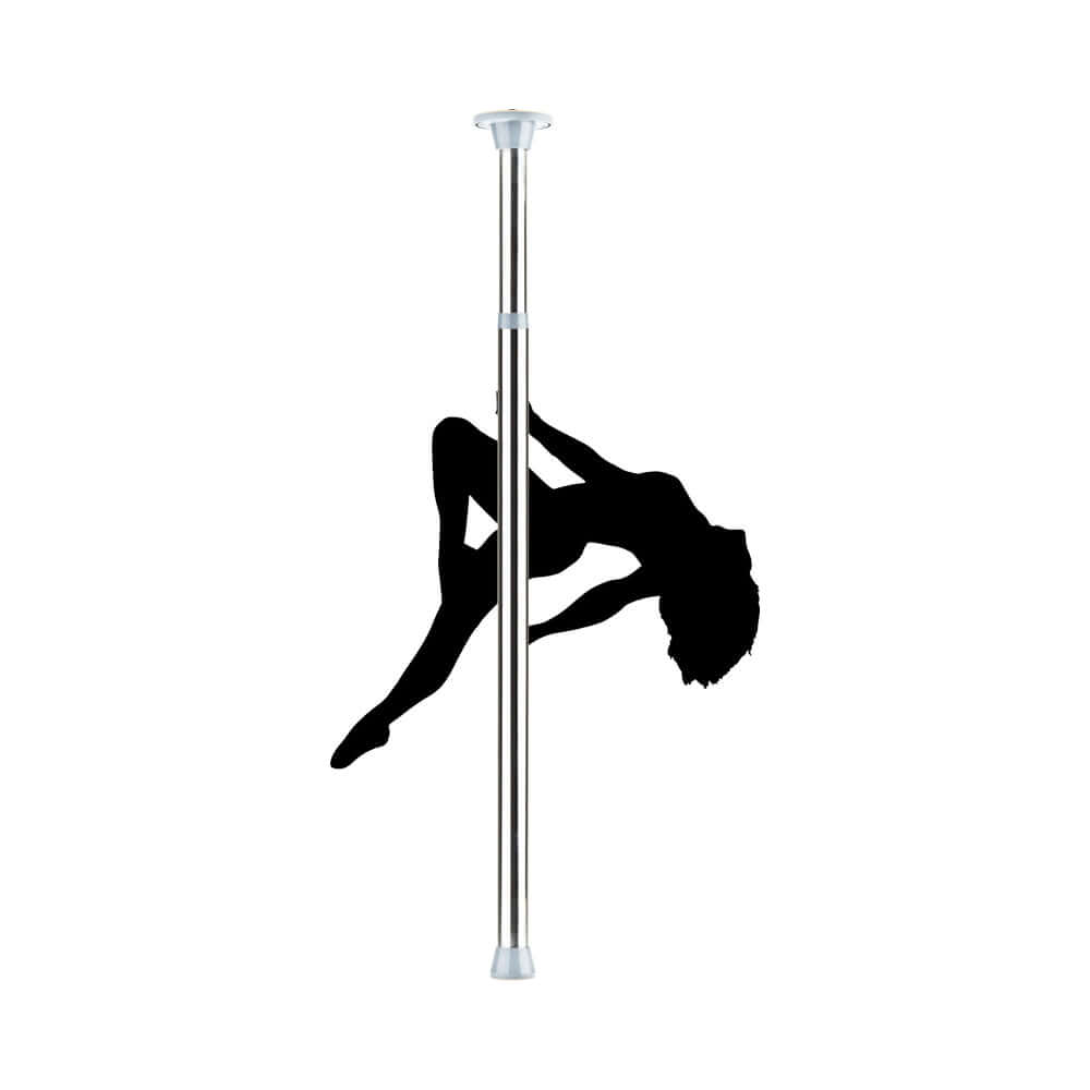 Ouch Fully Adjustable Dance Pole Silver with silhouette of a dancer posing elegantly on the pole.