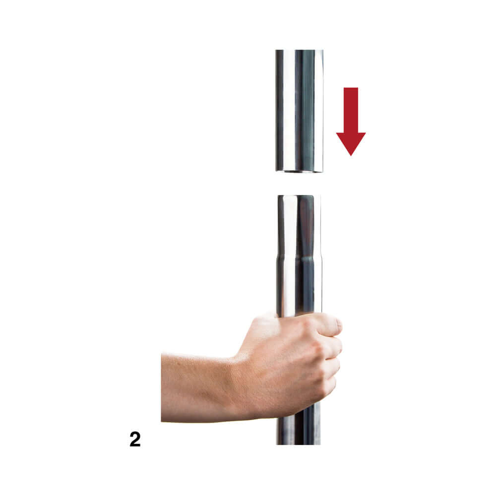 Ouch Fully Adjustable Dance Pole Silver installation demonstration with a hand adjusting the pole height.