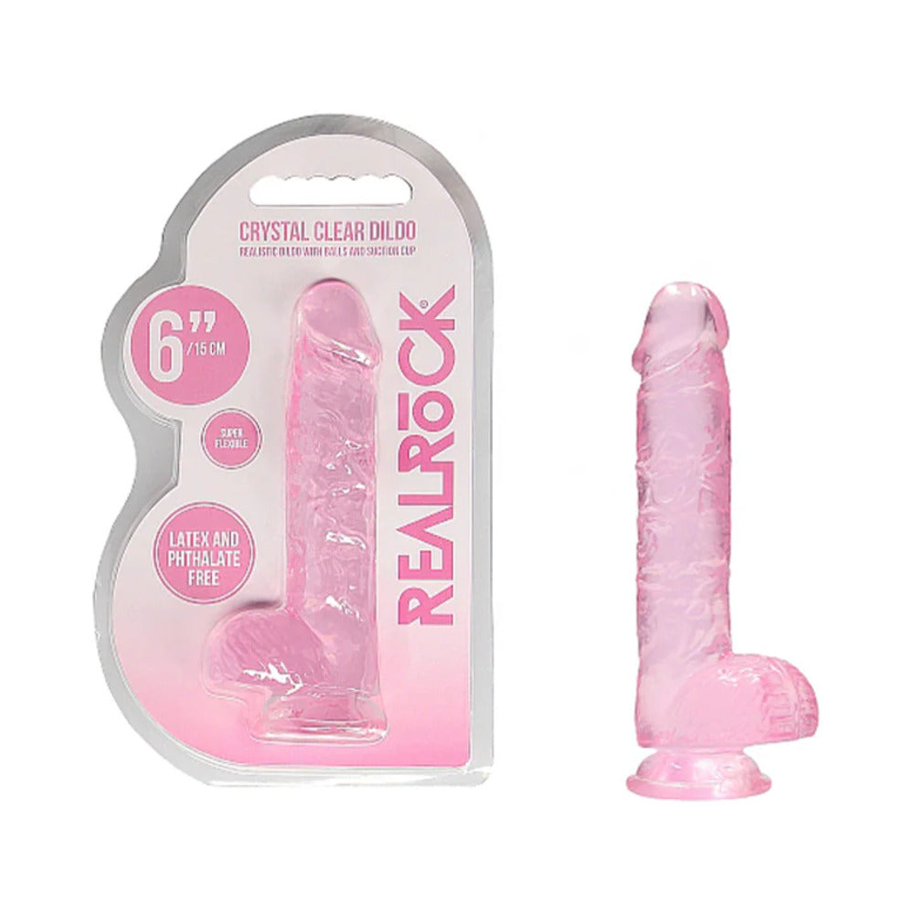 RealRock Crystal Clear Realistic 6 inch Dildo With Balls and Suction Cup Pink
