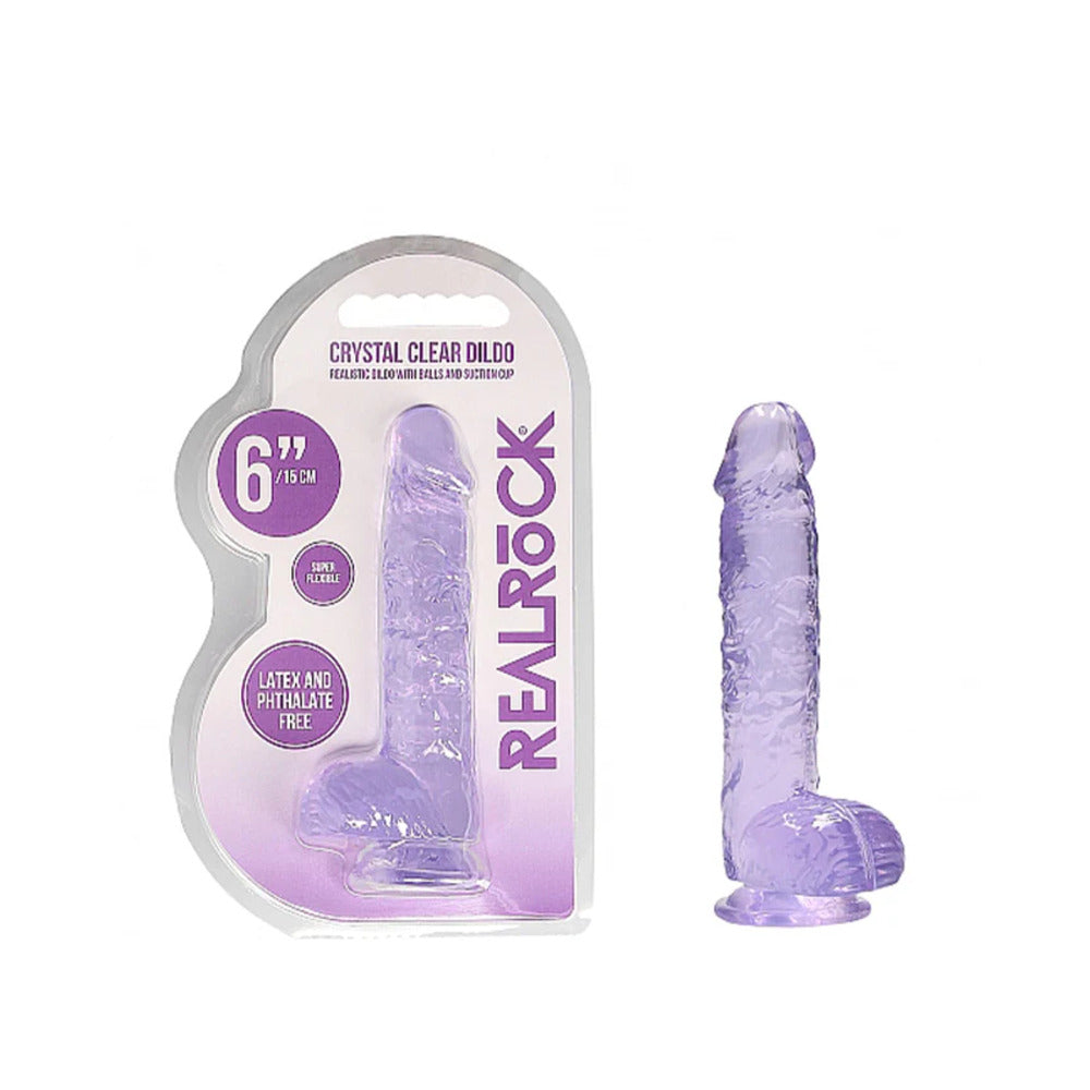 RealRock Crystal Clear Realistic 6 inch Dildo With Balls and Suction Cup Purple