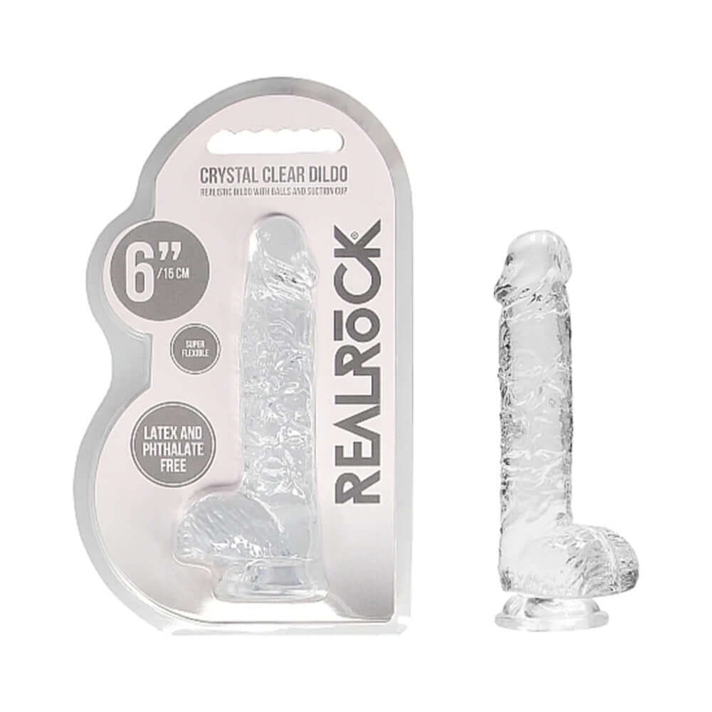 RealRock Crystal Clear Realistic 6 inch Dildo With Balls Clear in packaging with suction cup design.