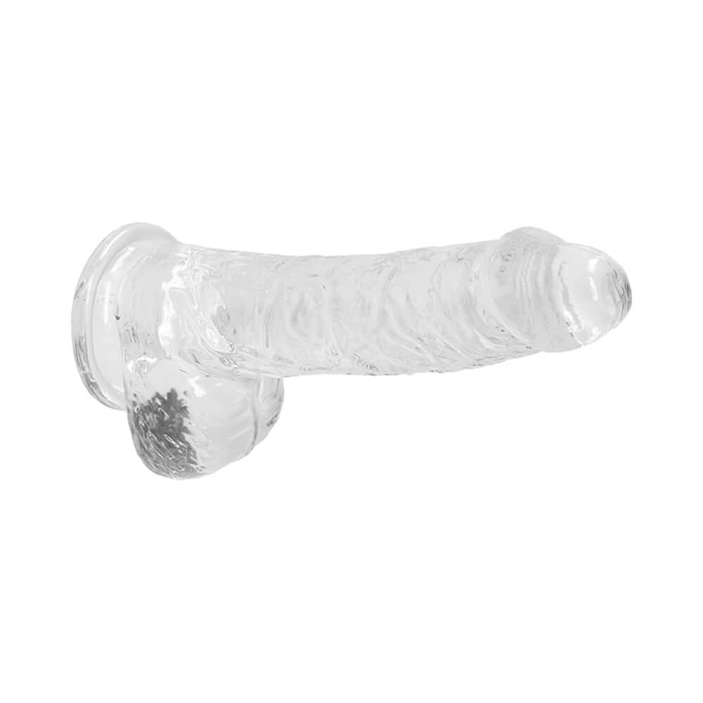 RealRock Crystal Clear Realistic 6 inch Dildo With Balls Clear showcasing its transparent design and detailed texture.