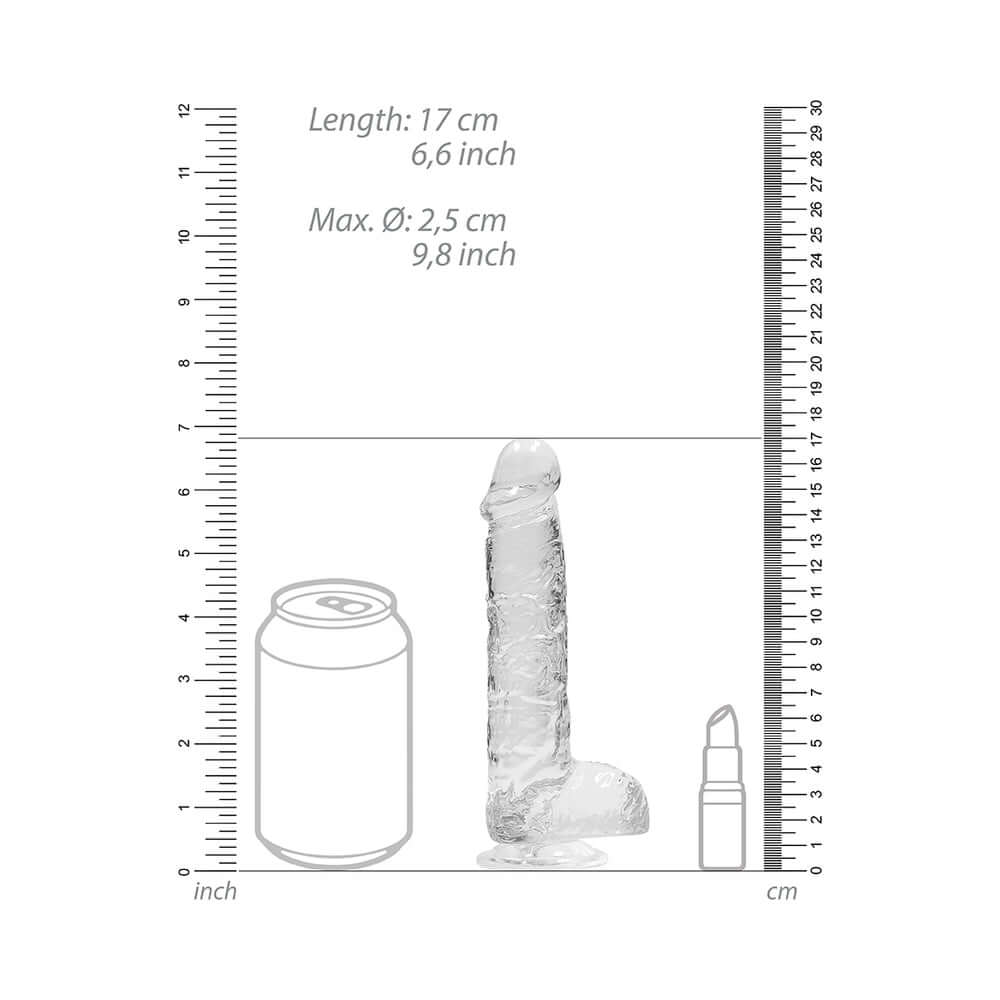 Dimensions of RealRock Crystal Clear Realistic 6 inch Dildo With Balls Clear next to a soda can for scale.