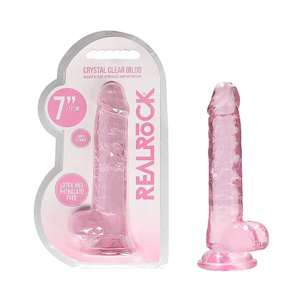 RealRock Crystal Clear Realistic 7 inches Dildo With Balls and Suction Cup Pink
