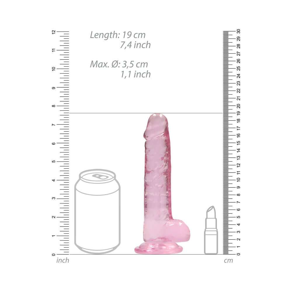 RealRock Crystal Clear Realistic 7 inch Dildo Pink next to a soda can for size reference.