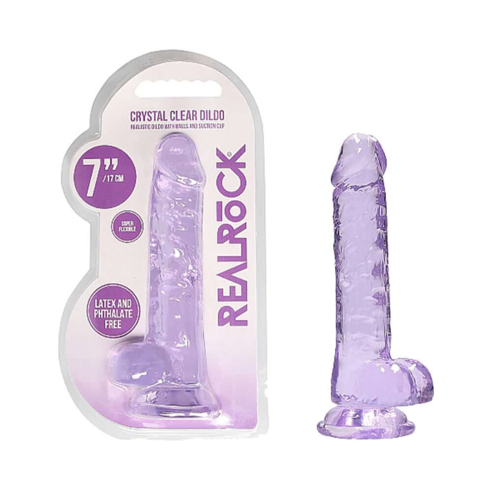 RealRock Crystal Clear Realistic 7 inch Dildo With Balls and Suction Cup Purple