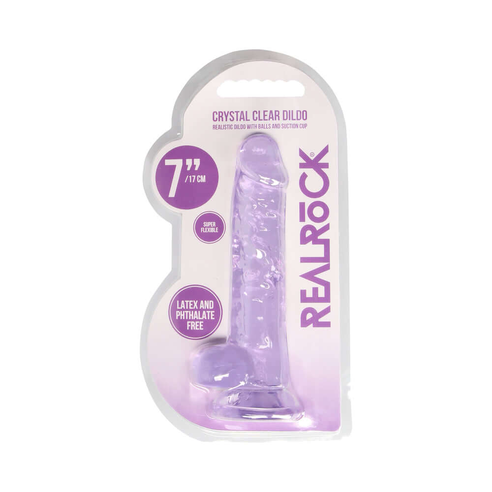 RealRock Crystal Clear Realistic 7 inch Dildo With Balls and Suction Cup Purple
