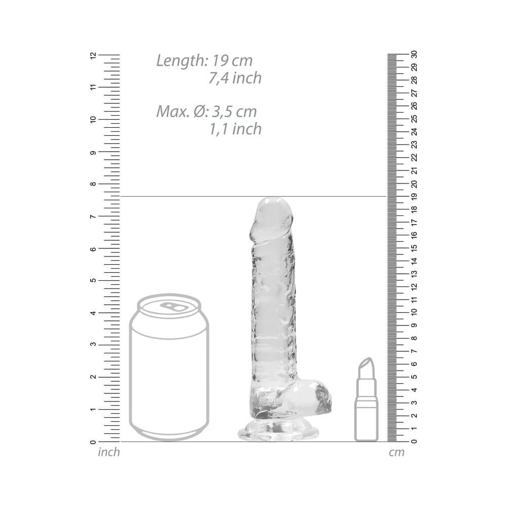 Image of RealRock Crystal Realistic 7 inch Dildo Clear with measurements next to a soda can and a spray bottle.