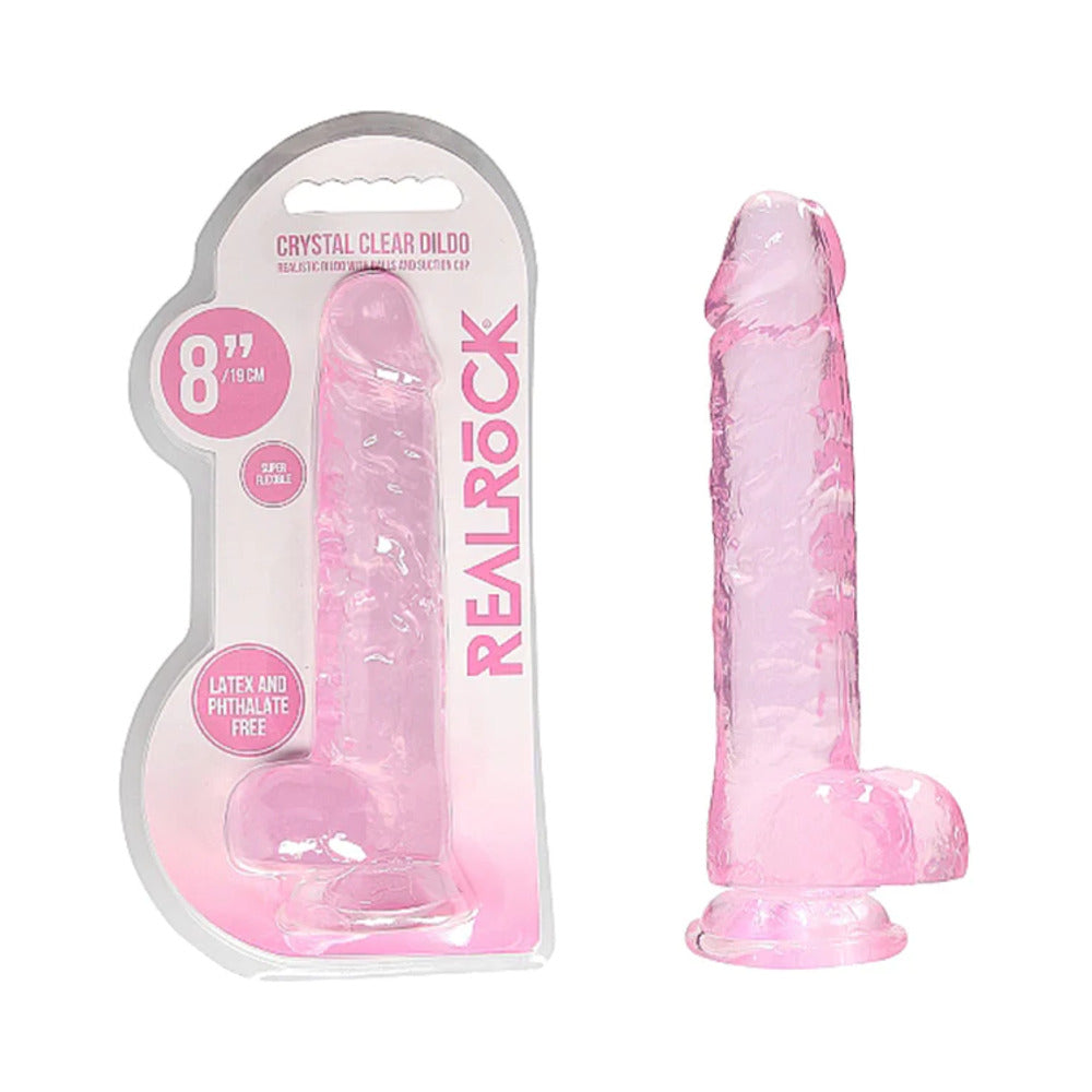 RealRock Crystal Clear Realistic 8 inch Dildo With Balls and Suction Cup Pink