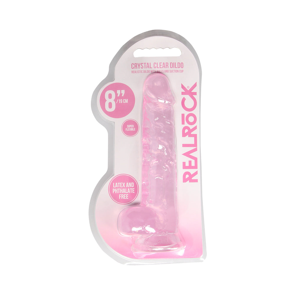 RealRock Crystal Clear Realistic 8 inch Dildo With Balls and Suction Cup Pink