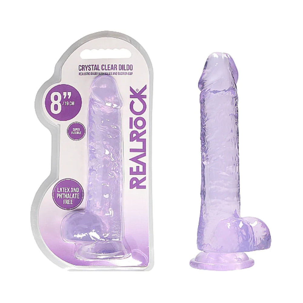 RealRock Crystal Clear Realistic 8 inches Dildo With Balls and Suction Cup Purple