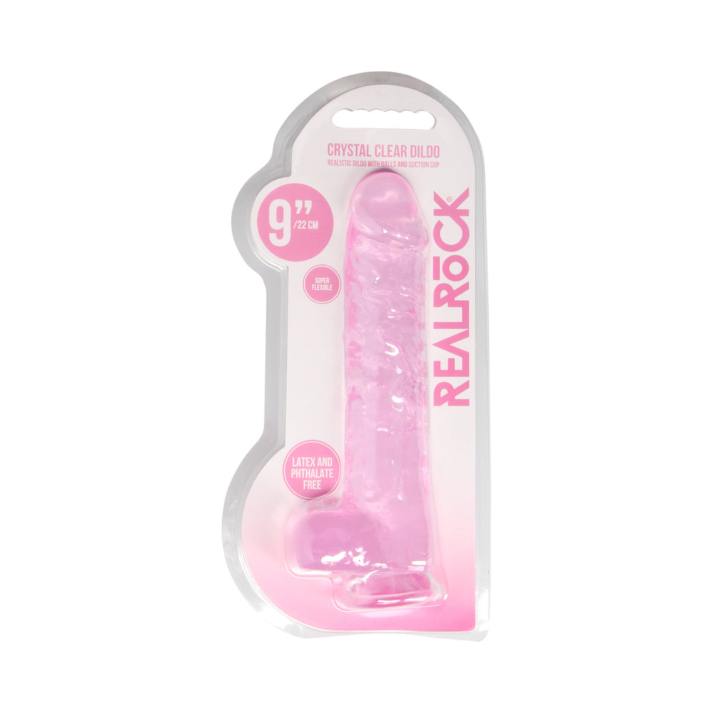 RealRock Crystal Clear Realistic 9 inch Dildo With Balls and Suction Cup Pink