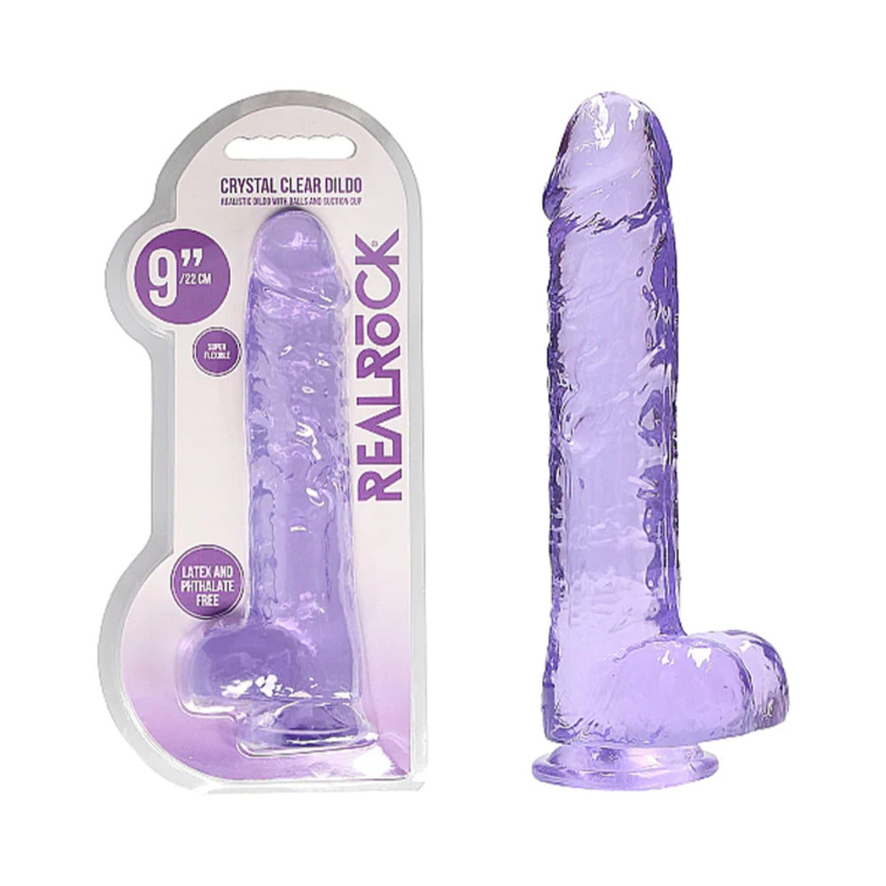 RealRock Crystal Clear Realistic 9 inch Dildo With Balls and Suction Cup Purple