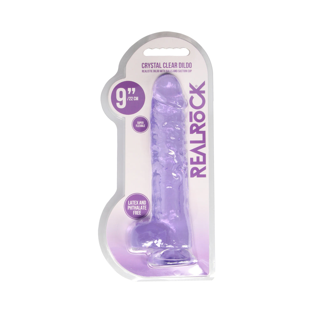 RealRock Crystal Clear Realistic 9 inch Dildo With Balls and Suction Cup Purple
