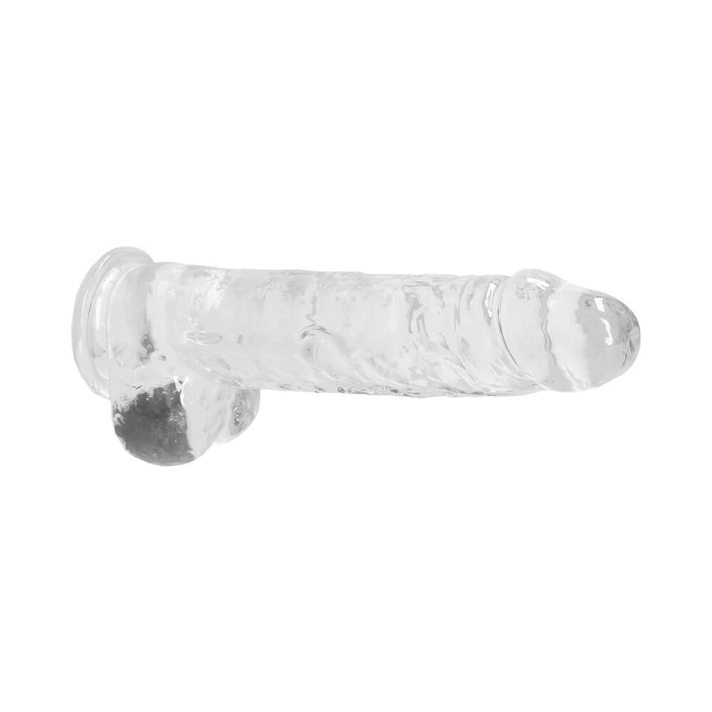 RealRock Crystal Clear Realistic 9 inch Dildo With Balls Clear showcasing its lifelike design and transparent finish.