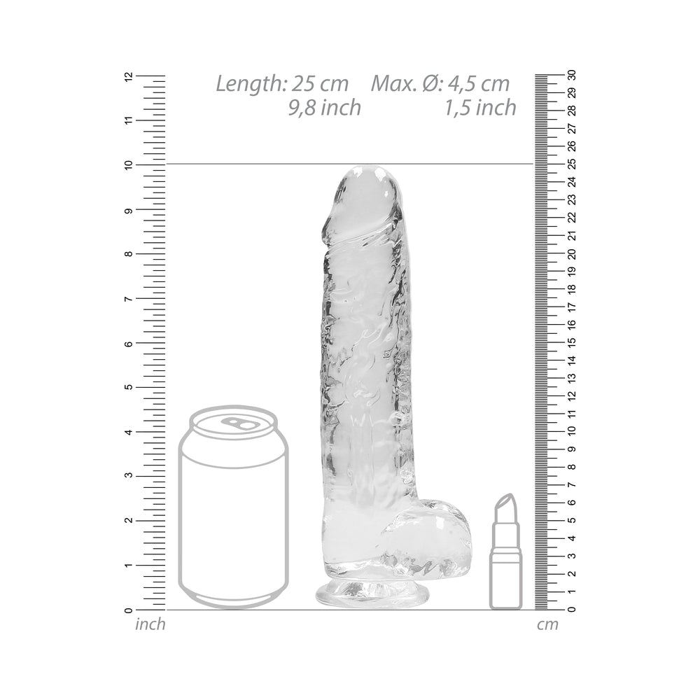 RealRock Crystal Clear Realistic 9 inch Dildo With Balls Clear dimensions next to a soda can and lipstick for scale.