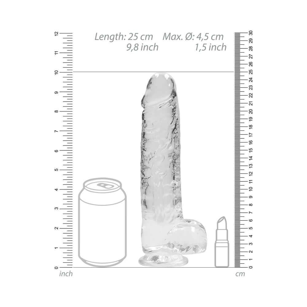 RealRock Crystal Clear Realistic 9 inch Dildo With Balls Clear dimensions next to a soda can and lipstick for scale.