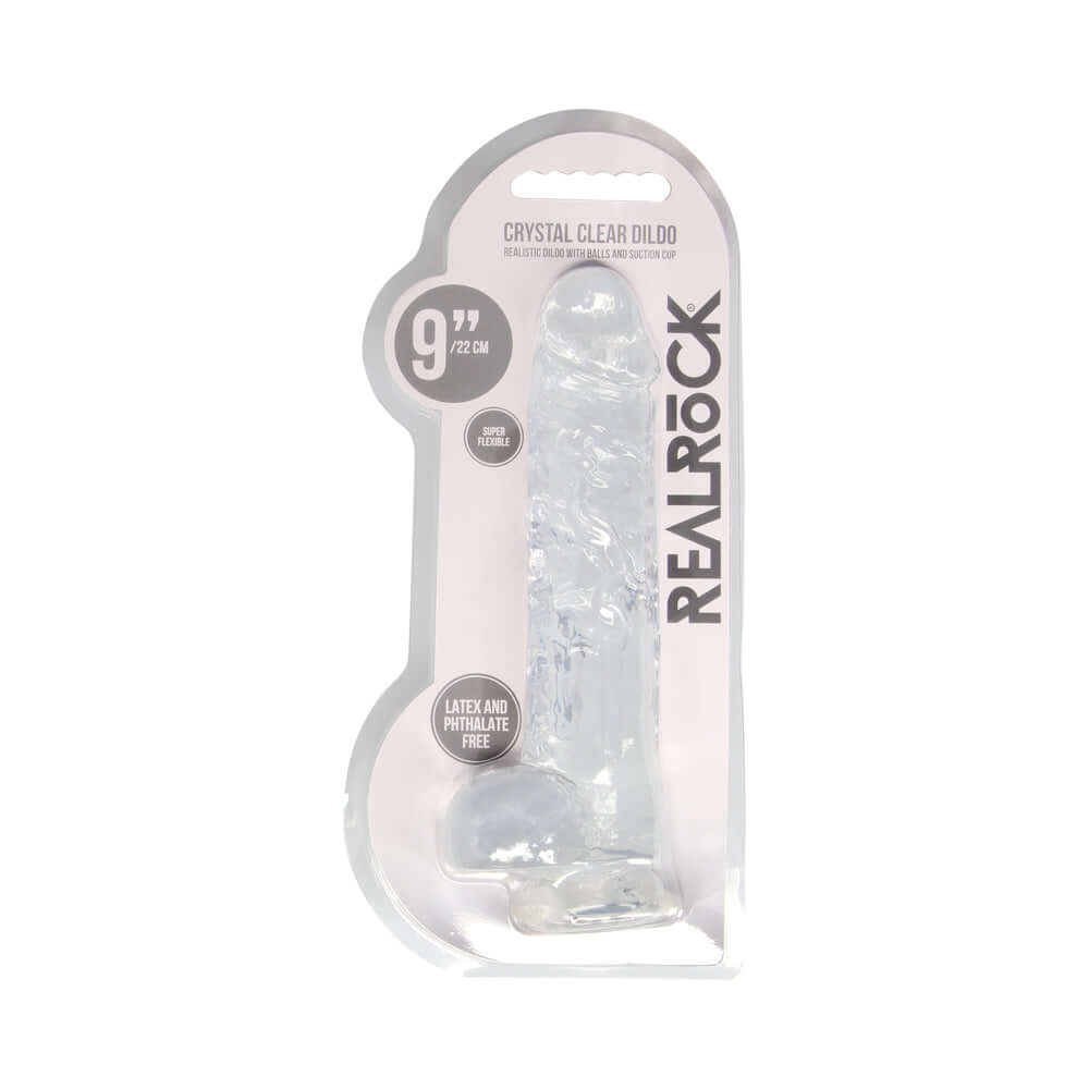 RealRock Crystal Clear Realistic 9 inch Dildo With Balls Clear packaging showcasing the premium transparent dildo.
