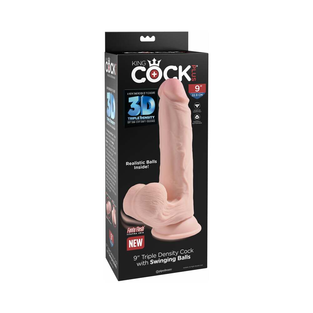 King Cock Plus 9 inches Triple-Density Cock With Swinging Balls Dildo Beige