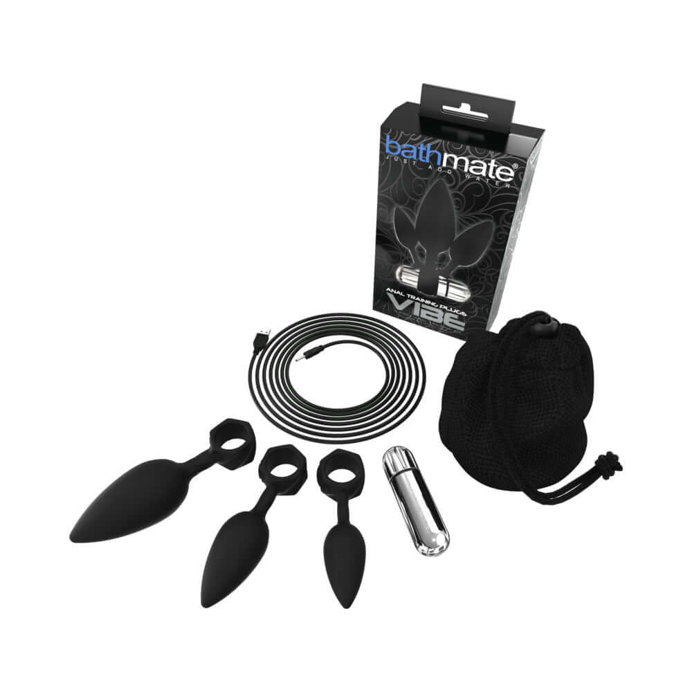 Bathmate Anal Training Plug Vibe Black set including three plugs, bullet vibrator, and storage bag.