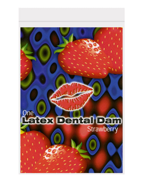 Trust Dam Latex Dental Dam Strawberry packaging featuring vibrant strawberries and kiss design.
