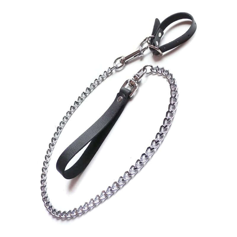 Kinklab Buckling Cock Ring and Chain Leash Set featuring a stylish chain leash with leather handle for bondage play.