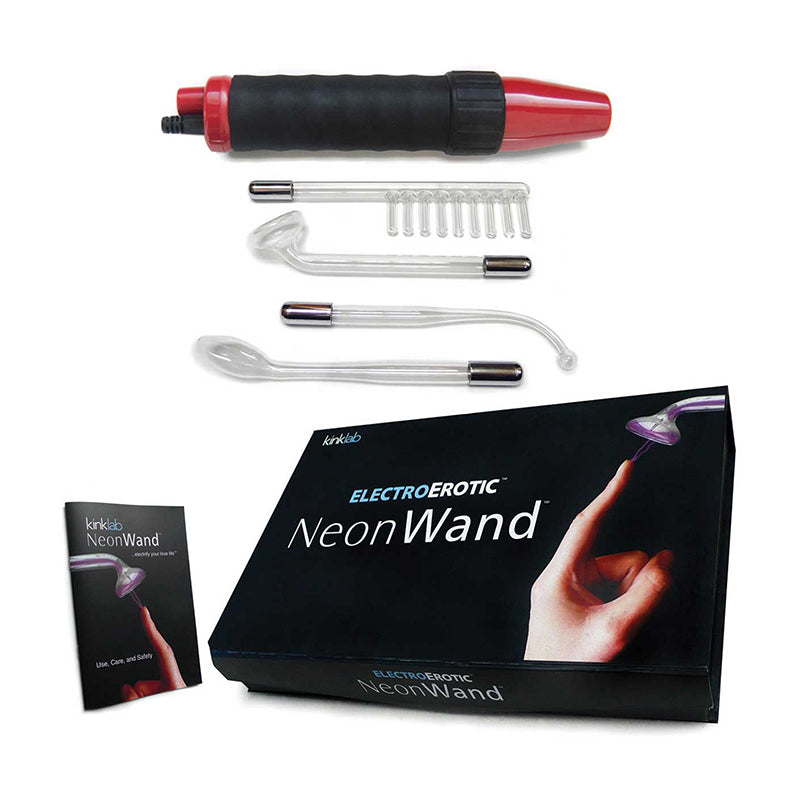 Kinklab Neon Wand Electrosex Kit-Red 110V including wand and glass attachments in packaging.