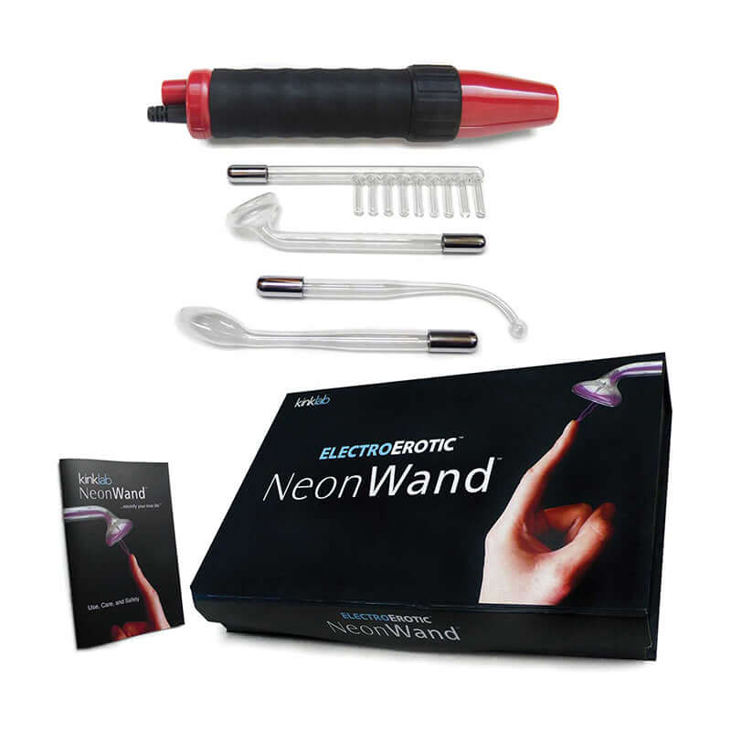 Kinklab Neon Wand Electrosex Kit-Red 110V including wand and glass attachments in packaging.