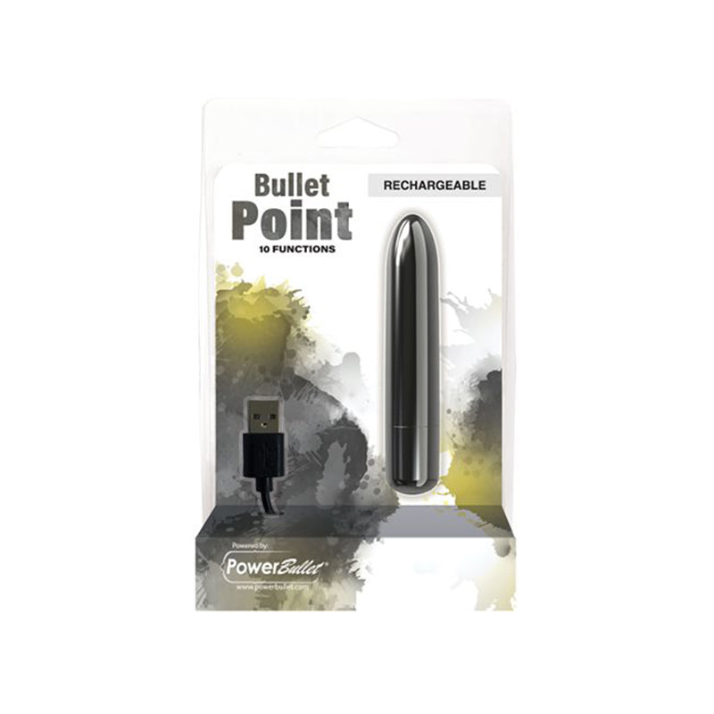 Power Bullet Point Rechargeable Vibrator Black packaging with USB charger and modern design.