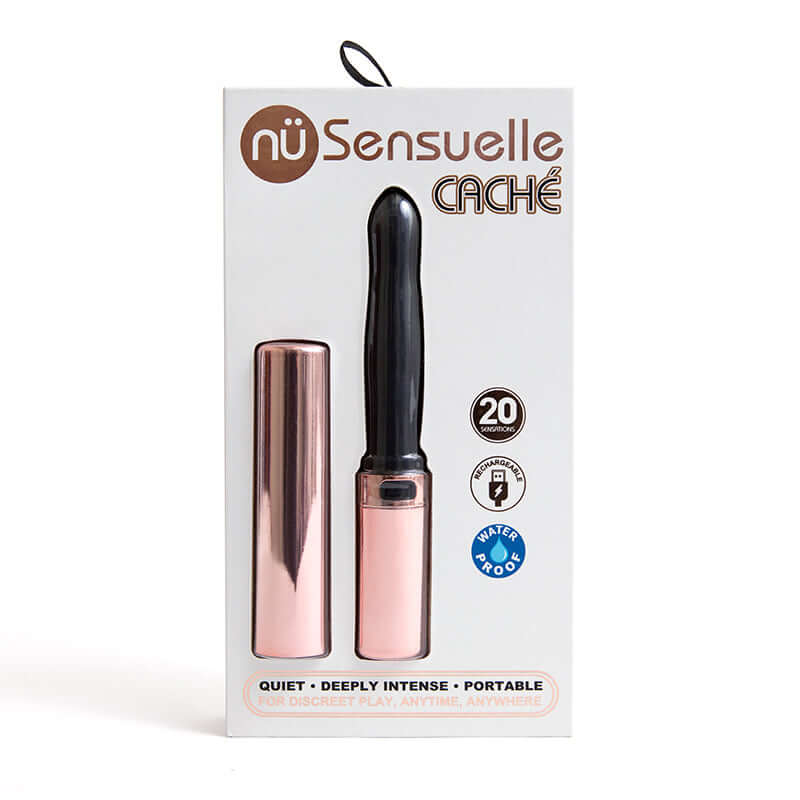 Nu Sensuelle Cache 20-Function Vibrator Rose Gold packaging showcasing its discreet and stylish design.