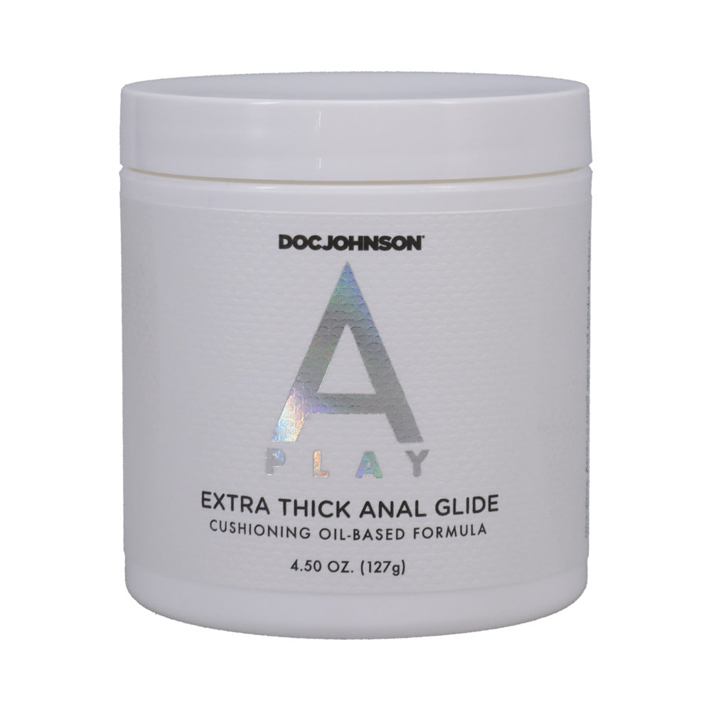A-Play Extra-Thick Anal Glide Oil-Based Formula 4.5 Oz in a white container, designed for comfort and endurance.